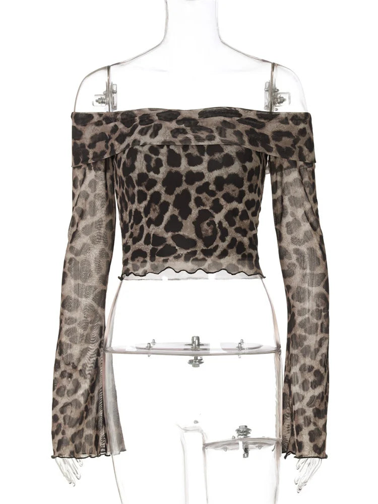 Aiertu  -  Leopard Printed Mesh T-shirt Top For Women Off-Shoulder Long Sleeve Cropped Y2k Top Pullover Contrast Female Slim Tee 2026 Aiertu