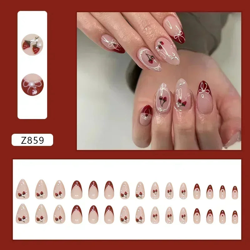 Aiertu 24Pcs Pink Almond French Press on Nails With 3D Bow ripple charms Design Fake Nails Ballerina False Nails Full Cover Nail Tips Aiertu