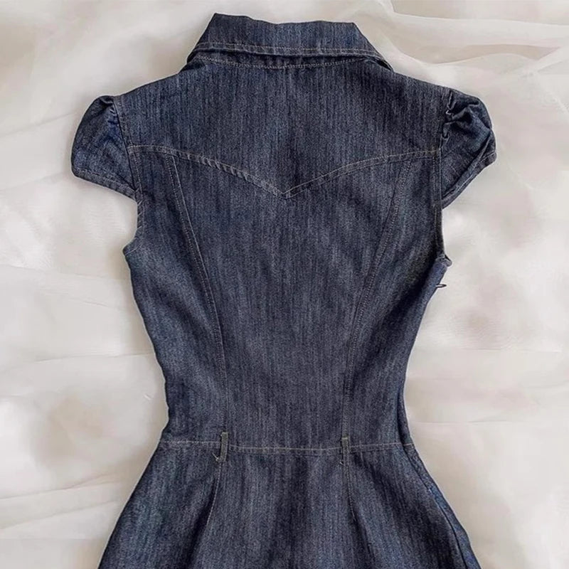 Aiertu  -  Spicy Girl Retro Denim Dress 2025 Summer Y2k Short Sleeve Button Streetwear Fashion Slim Fit Short Dresses Women's Mini Skirt Aiertu