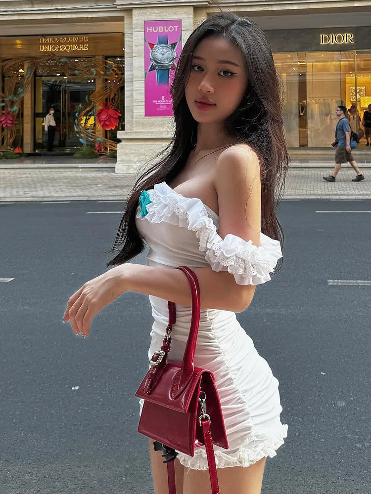 Aiertu  -  Coquette Embellished Lace Trim Strapless Mini Dress Party Club Two Piece Sets Outfits Ruched Dresses Vestido Solid Aiertu