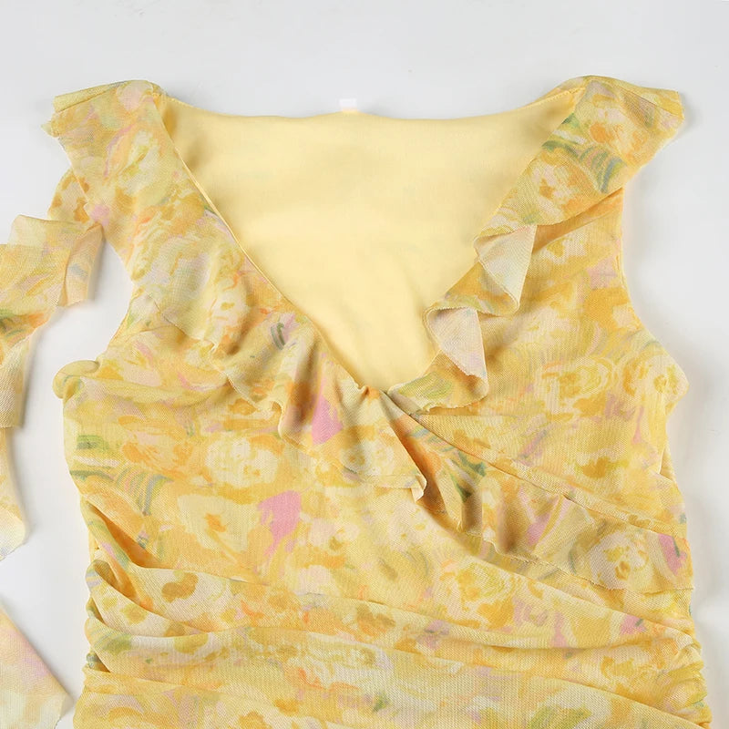 Aiertu  Holiday Style Yellow Flora Prints Women Dress Summer Fashion Design Irregular Ruffles V-Neck Short Frock Aiertu