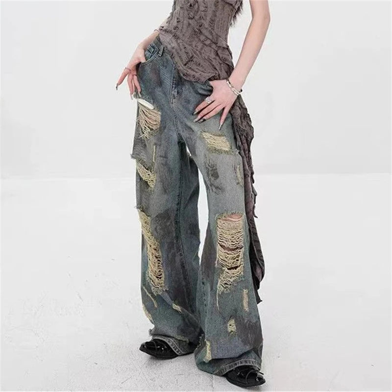 Aiertu  -  Women's Wear Through Dirty Blue Distressed Jeans Summer Girl Wide-leg Denim Trousers Vintage Bottoms Female High Waisted Pants Aiertu