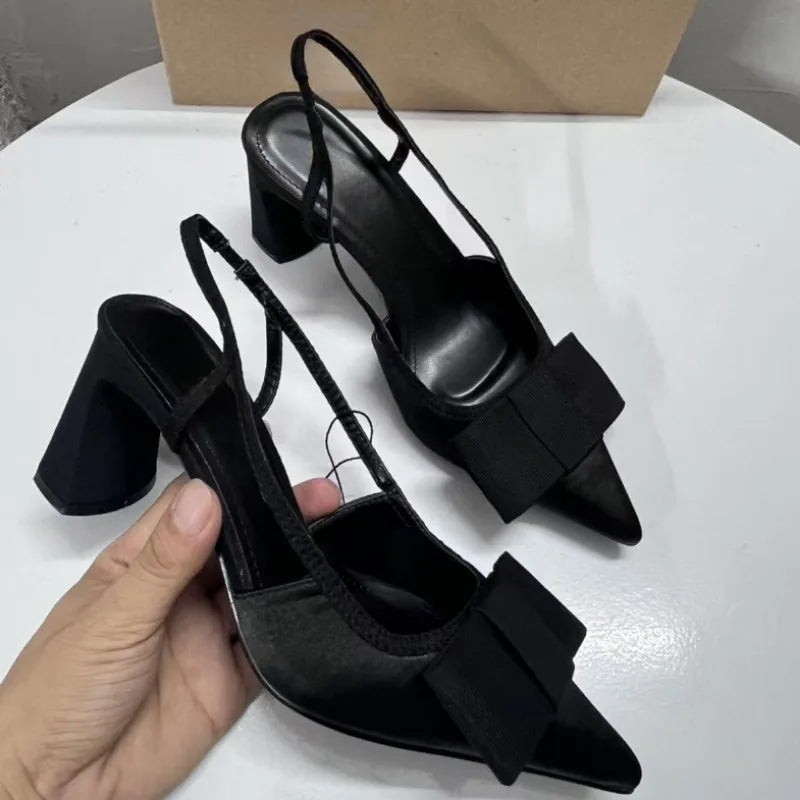 Aiertu  -  Pointed Toe Women's Office Shoes 2025 Spring Black Retro Bow Decoration High Heels Shallow Slingbacks Elegant Ladies Pumps Aiertu