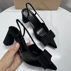Aiertu  -  Pointed Toe Women's Office Shoes 2025 Spring Black Retro Bow Decoration High Heels Shallow Slingbacks Elegant Ladies Pumps Aiertu