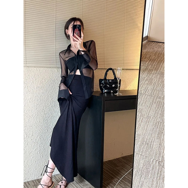 Aiertu Y2K Mesh Sheer Shirts Women Sexy Black See Through Blouses Summer Korean Fashion Aesthetic Long Sleeve Slim Chic Tops New Aiertu
