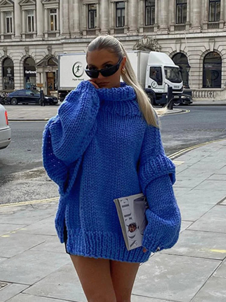 Aiertu  -  Oversized Turtleneck Blue Knitted Pullover For Women Loose Long Lantern Sleeve Sweater Tops Autumn New Lady High Streetwear Aiertu