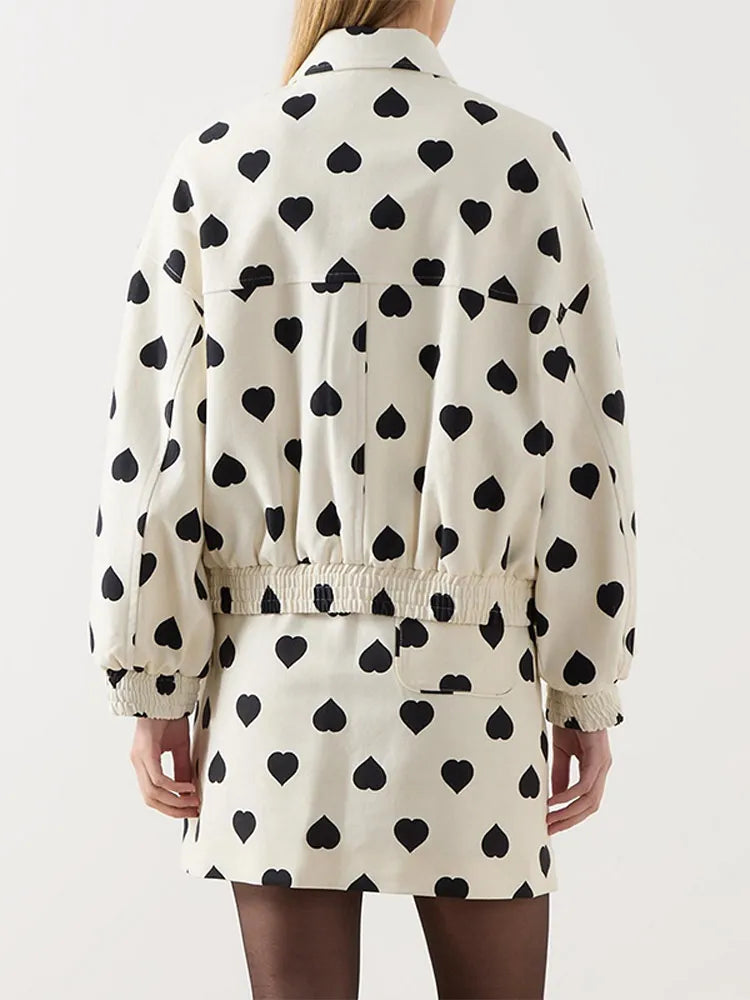 Aiertu  -  Chic Black Polka Hearts Lapel Jacket For Women Fashion Long Sleeves Pocket Zipper Coat 2026 Autumn Lady Casual Street Tops Aiertu