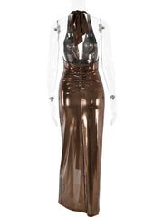 Aiertu  -  Woman Sexy Halter High Waist Backless Long Dress 2026 Ladies Elegant Hollow Out Folds Bandage High Slit Party Evening Dresses Aiertu