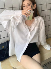 Aiertu  -  Fashion New Solid White Shirts With Lace Bottoming Tees Summer Women Gentle New 2026 Office Lady Daily Loose Mujer Slim Aiertu