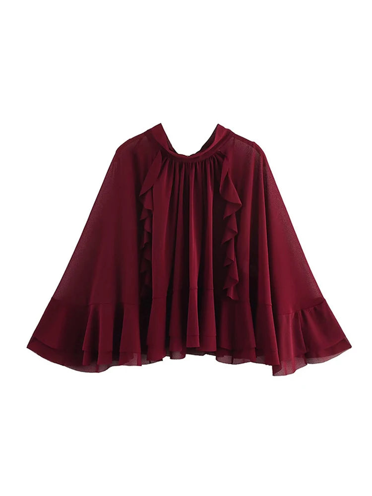 Aiertu  -  Layered Bow Cloak Women Shirt Top Pleated Round Neck Female Cape Jacket Coat Ribbon French Perspective Loose Casual Blouse New Aiertu