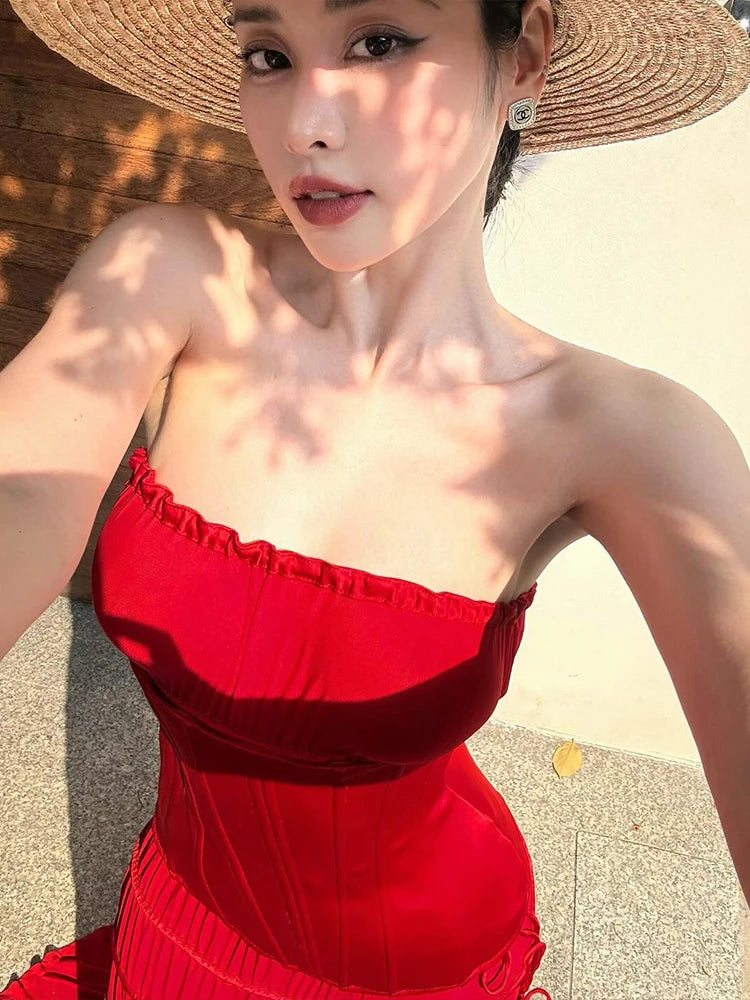 Aiertu  -  Puss Draping 2-Piece Set Women Elegant Wrap Sleeveless Backless Tops+Bandage Folds Skirts Summer Vacation Matching Suits Aiertu