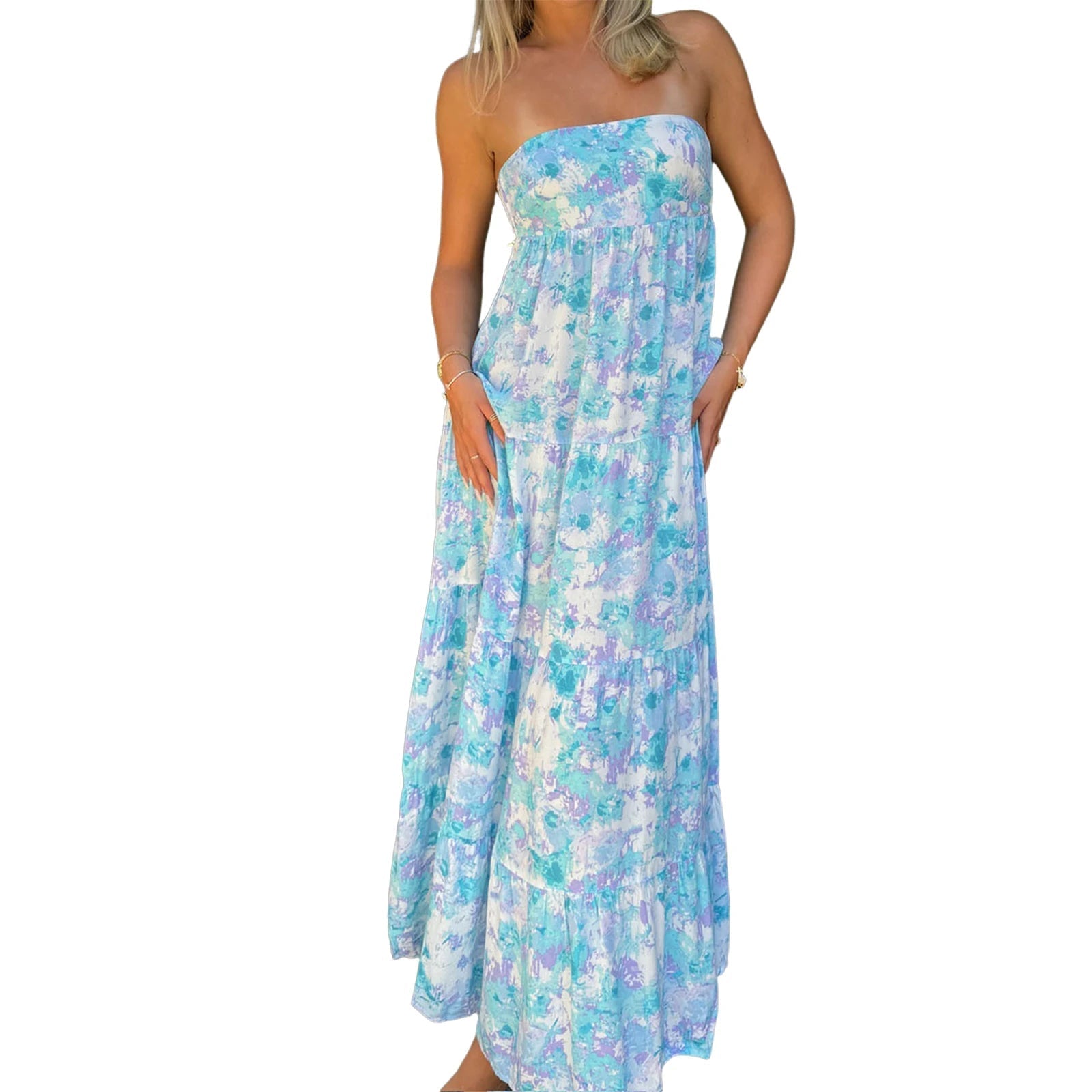 Aiertu  -  Elegant Off-Shoulder Maxi Dress with Boho Floral Print and Lace-Up Back Detail for Summer Wedding Party or Vacation Beachwear Aiertu