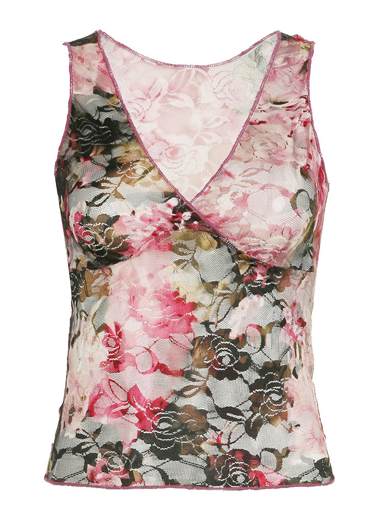 Aiertu - summer inspo Hot French Romantic Colorful Floral Print Lace Vest Sleeveless V Neck Slim Elegant Sexy Summer Vacation Boho Tank Top Women Aiertu