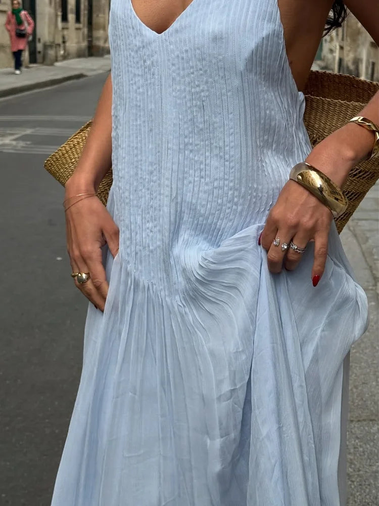 Aiertu  -  Women Feminine Blue Sling Dress Floor-length Loose Backless Deep V Spaghetti Strap Halter Robe Chic Vacation Leisure Street Gown Aiertu
