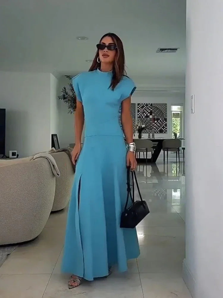 Aiertu  -  Chic Solid Pocket High Split Maxi Dress for Women Casual O-neck Zip-up Elegant Dress Summer Holiday Party Evening Dress Woman Aiertu