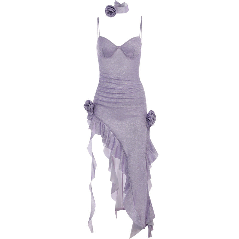 Aiertu - Shiny Ruffle Asymmetric Slit Hem Flower Maxi Dress Aiertu