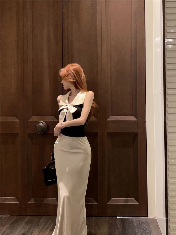 Aiertu  -  Bow temperament collar hanging neck vest satin fish tail half skirt two-piece set women's summer fashion beautiful set Aiertu
