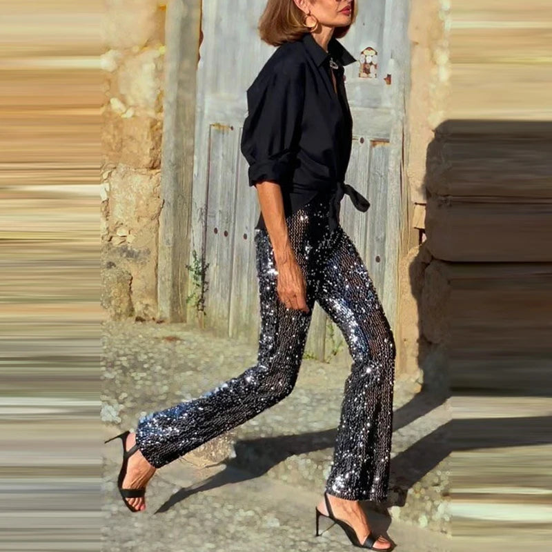 Aiertu  -  Casual High Street Party Trousers Fashion Shiny Sequins Slim Fit Straight Long Pants Women Elegant Elastic Waist Wide Leg Pants Aiertu