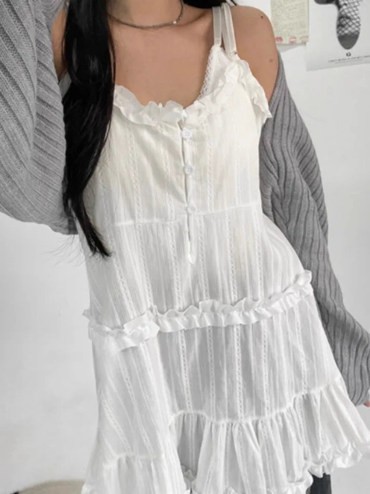 Aiertu  -  Vintage Sweet Patchwork White Vest Dresses Summer New Fungus Camisole Dress for Women Y2k Sleeveless Loose Vestidos Mujer Aiertu