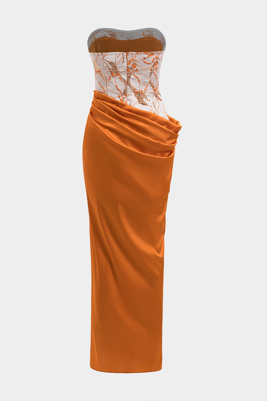 Aiertu  -  Satin Jacquard Patchwork Ruched Strapless Sleeveless Maxi Dress Aiertu