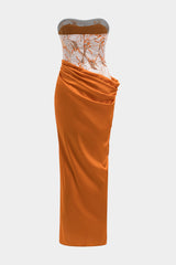 Aiertu  -  Satin Jacquard Patchwork Ruched Strapless Sleeveless Maxi Dress Aiertu