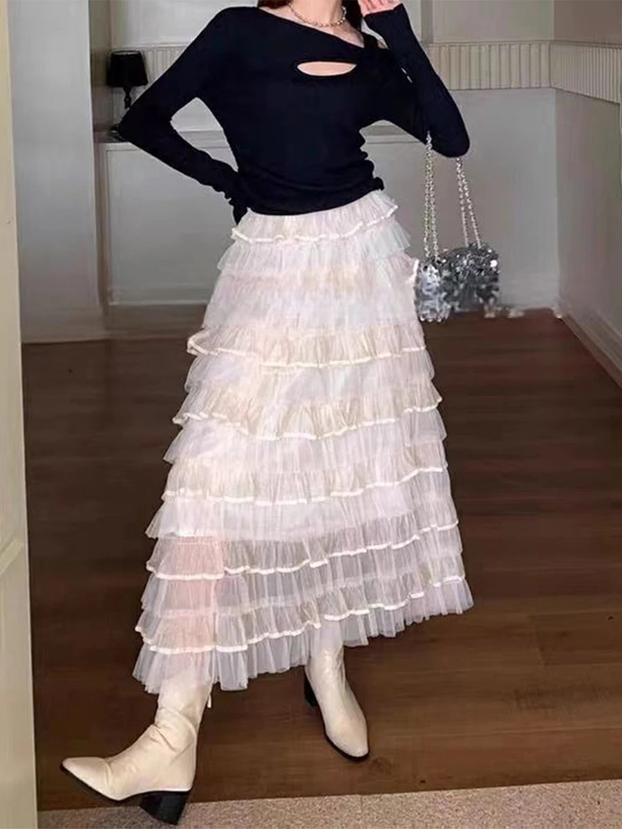 Aiertu  -  Summer 2026 Long Cake Skirt Women Solid Color High Rise Layered Ruffled A-line Tulle Skirt for Daily Office Aiertu