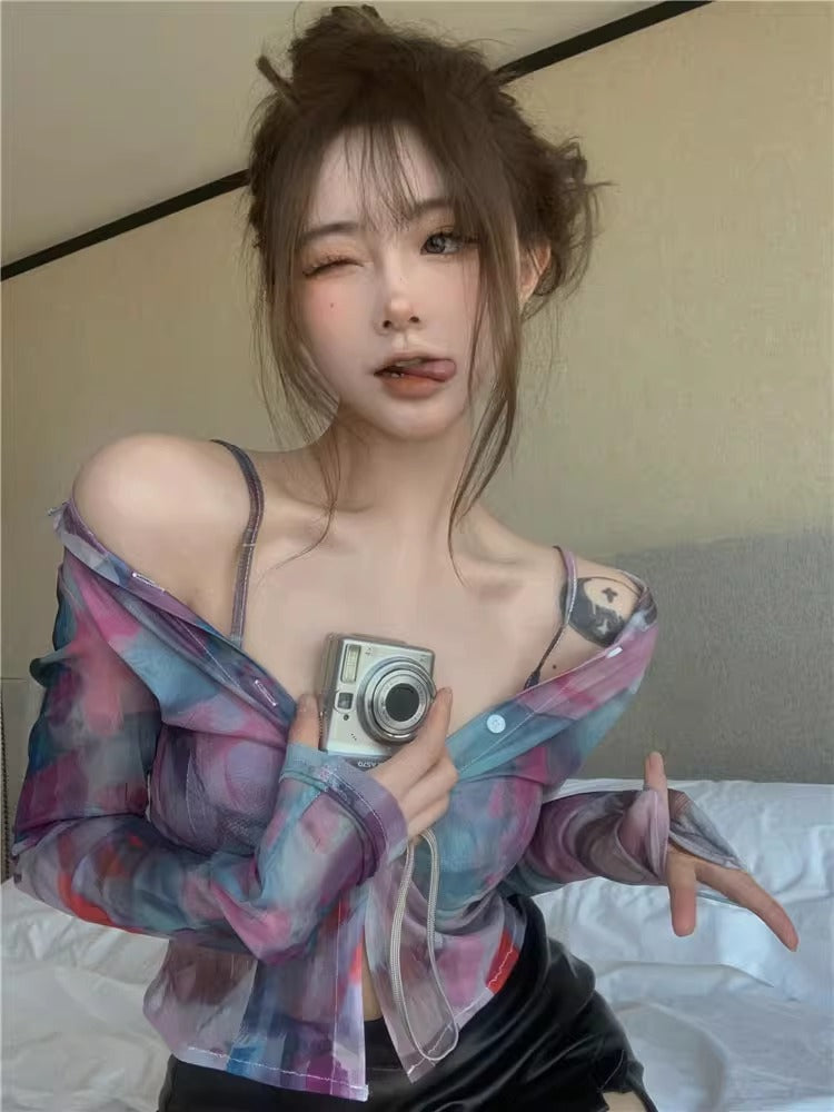 Aiertu Y2K Tie Dye Mesh Shirts Women Sexy Sheer Gradient Blouses Summer Harajuku Korean Long Sleeve Design Sun Protection Tops Aiertu