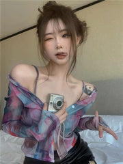 Aiertu Y2K Tie Dye Mesh Shirts Women Sexy Sheer Gradient Blouses Summer Harajuku Korean Long Sleeve Design Sun Protection Tops Aiertu