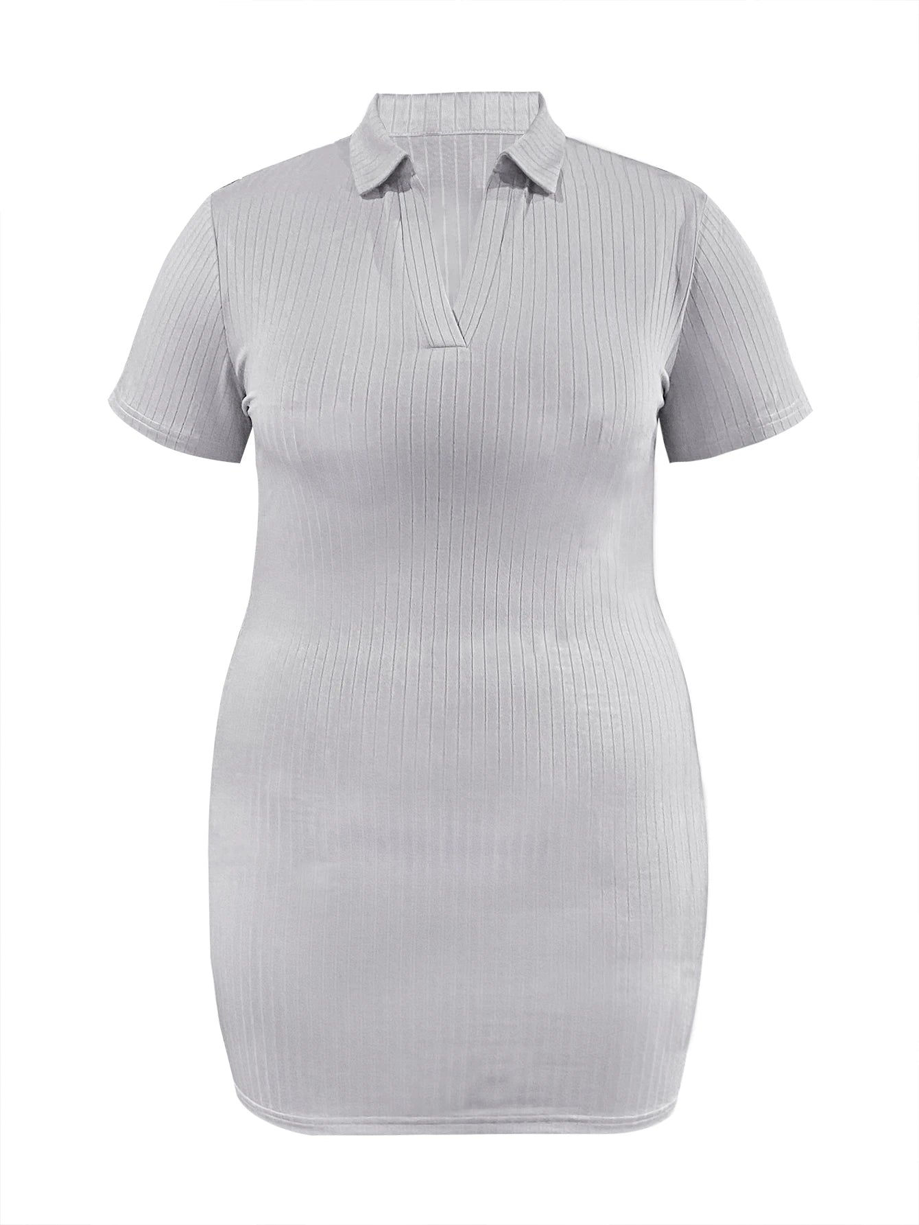 Aiertu Plus Size Basic Solid Color Bodycon Dress Women Spring Summer Short Sleeve Turndown Collar V Neck Casual Daily Mini Dresses Aiertu