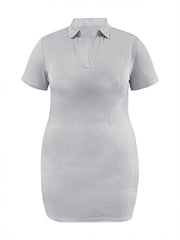 Aiertu Plus Size Basic Solid Color Bodycon Dress Women Spring Summer Short Sleeve Turndown Collar V Neck Casual Daily Mini Dresses Aiertu