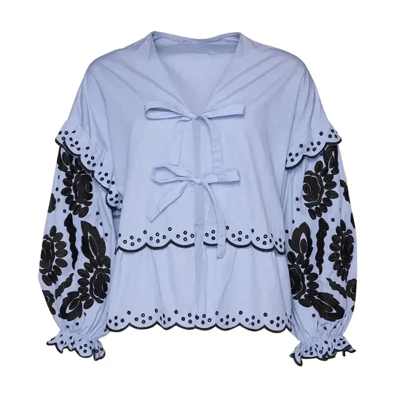 Aiertu  -  Casual Lace Up Women Embroidery Blouse V-neck Lantern Sleeve Blouse Wave Cut Eyelet Female Tops 2026 Spring Fashion Female Tops Aiertu