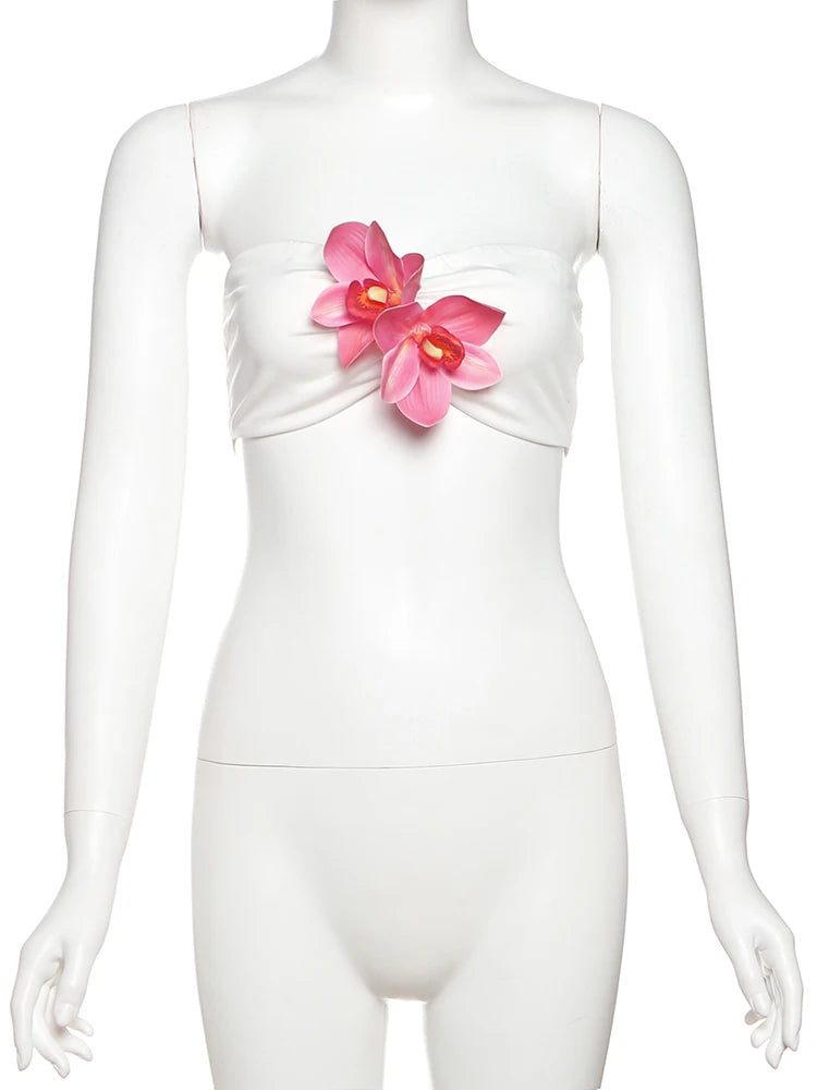 Aiertu  -  Vacation Pretty Women Two-Piece Set 3d Flowers Bandeau Mini Top+See Through Print Bottoms Beach Party Matching Suits Aiertu