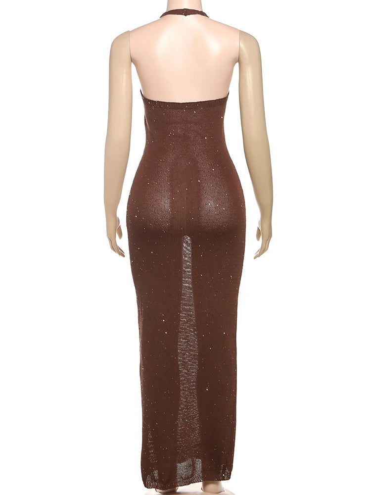 Aiertu  -  Sexy See Through Dress Women Sequins Backless Halter Sleeveless Solid Slim Summer Trend Midnight Club Party Vestidos Aiertu