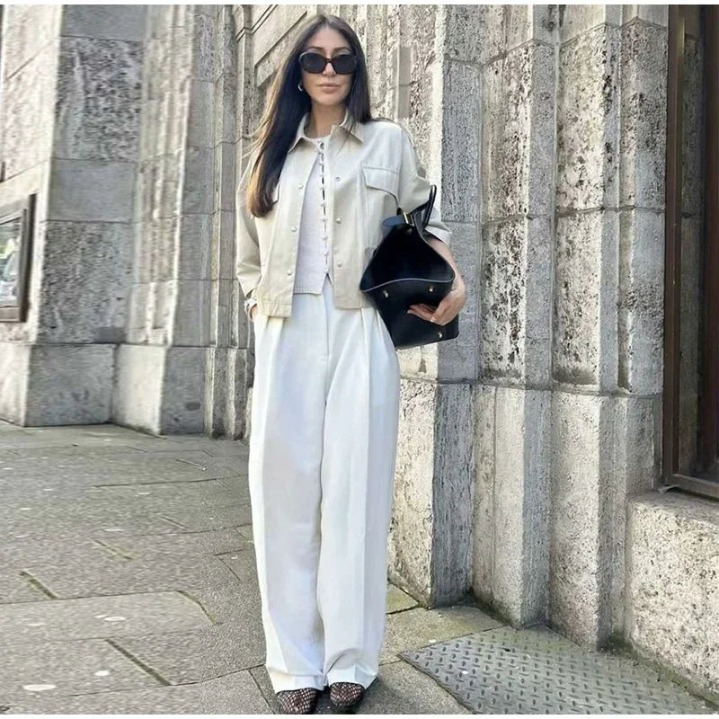 Aiertu  -  Fashion Lapel Spliced Coats Women Casual Single-breasted Pockets Short Sleeve Female Jacket Autumn Lady Solid Loose Outwear Aiertu
