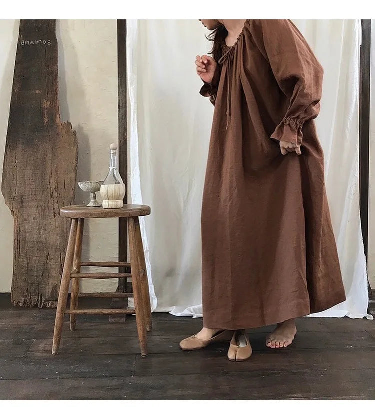 Aiertu  -  2026 New Spring 100% Cotton Dress for Women Solid Long Sleeve Drawstring Office Lady Elegant Maxi Dress Aiertu