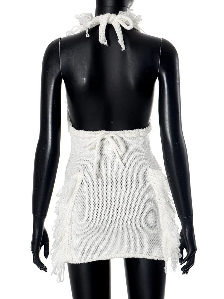 Aiertu   Puss Crochet Halter Dress Women Low-Neck Bandage Backless Stretch Tassel Skinny Sleeveless Street Elegant Mini Bodycon Aiertu