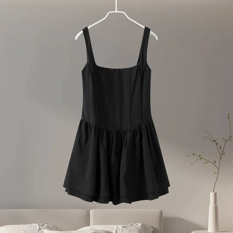 Aiertu  -  Elgant Sling Mini Dress Women Sexy Slim Square Neck Puffy Robe Female 2024 Fashion Solid Sleeveless A Line Party Dresses Lady Aiertu