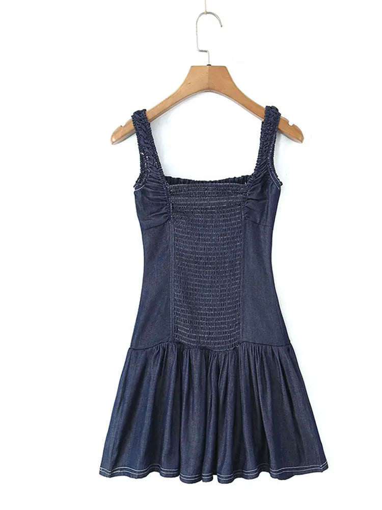 Aiertu  -  Denim Halter Short Dress Cowboy Pleated Flower Bud Slim Fit Sexy Waist Cinching Suspender Women Square Collar Camisole Dresses Aiertu