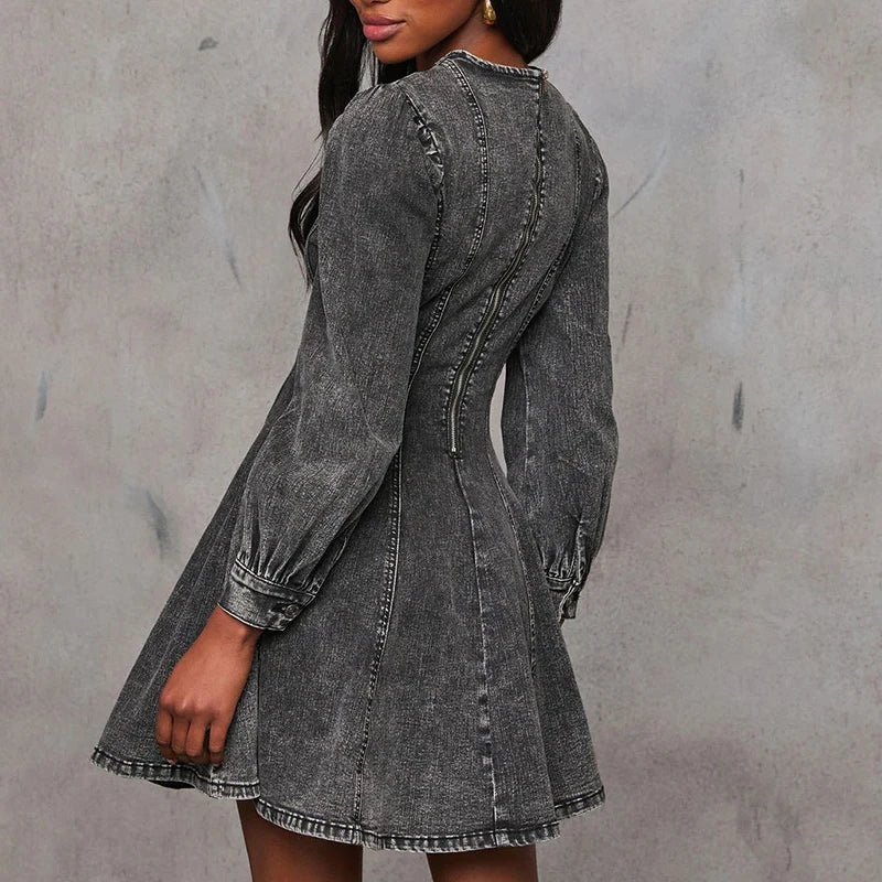 Aiertu  -  Women's Casual Long Sleeve Solid Color Mini Dress 2026 Elegant Pleated A-Line Dress Fashion O-neck High Waist Slim Denim Dresses Aiertu