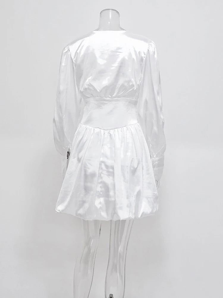 Aiertu  -   Elegant White Sexy V Neck Mini Dress Female Lantern Long Sleeve Retro Casual Ball Gown Dresses High Waist Fashion Aiertu