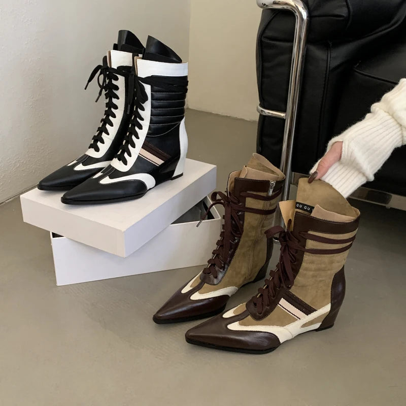 Aiertu    -  Black And White Boots Women Pointed Toe Lace Up Sports Style Wedges Shoe Fall Mid-calf Boots Comfort High Heels New Arrivals Aiertu