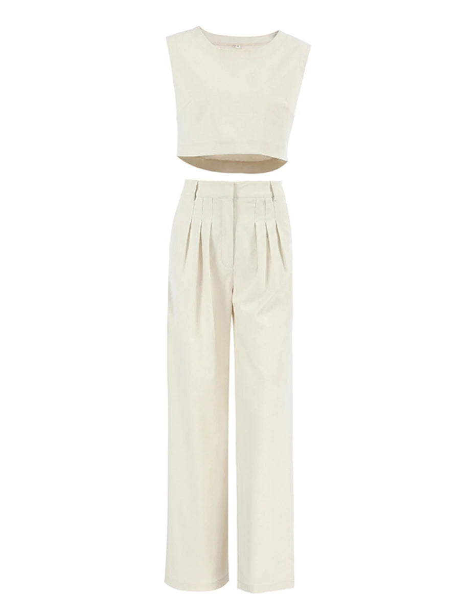 Aiertu  -  Summer Womem Fashion Round Neck Sleeveless Top Pants Suit Two-Piece Set Office Ladies Chic Pants Suits Womens Outfits Aiertu