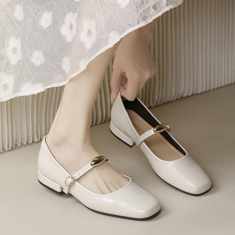 Aiertu  Casual Woman Shoe Black Flats Female Footwear Shallow Mouth Low Heels Square Toe Big Size Retro Dress Nurse Buckle Strap Mary Ja Aiertu