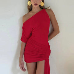 Aiertu  -  2025 Spring New Mini Dress Women's Sexy Slanted Collar Single Sleeve Tight Dress Irrgular Ribbon Party Ruched Dress Lady Aiertu