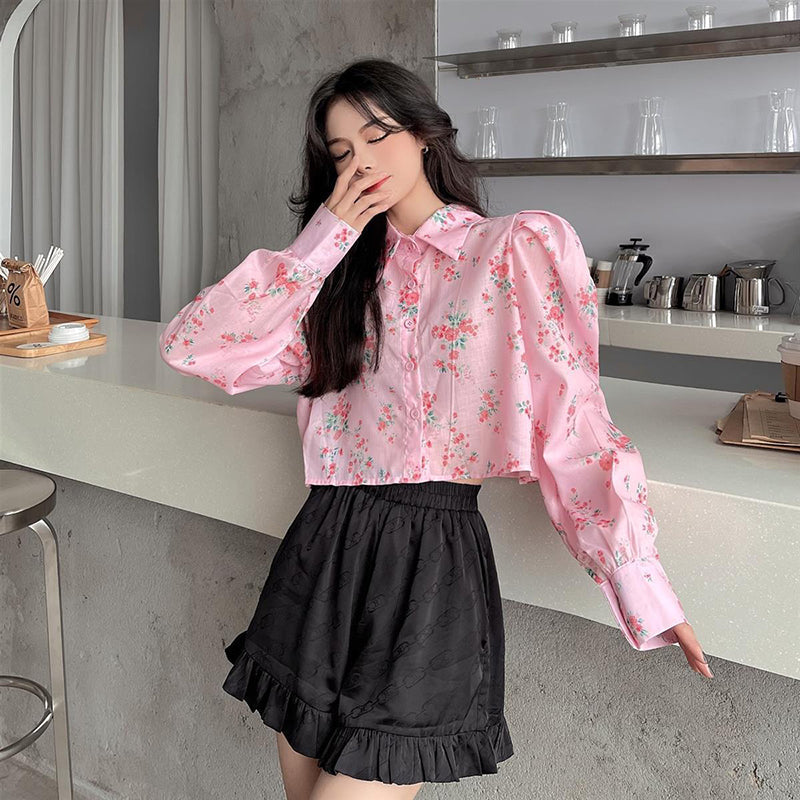 Aiertu Y2K Printing Shirt Korean Sweet Puff Sleeve Crop Tops Fashion Turn Down Collar Long Sleeve All Match Harajuku Blouses New Aiertu