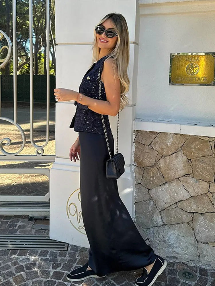 Aiertu  -  Elegant Solid Tweed Sequin Women Vests Sleeveless O-Neck Female Tank Fashion Slim Autumn Single Breasted Lady Waistcoat Aiertu
