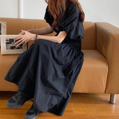 Aiertu  New Women Summer Vintage 2 Two Pieces Skirt Set Puff Sleeve Crop Top with Elastic High Waist Long Skirts Aiertu