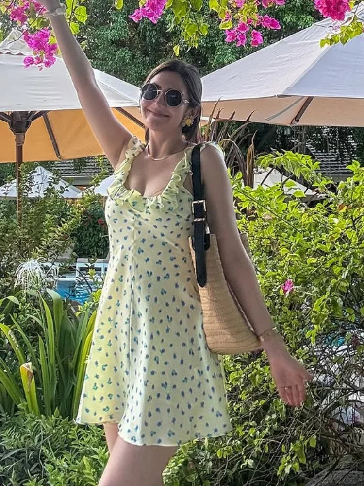 Aiertu  -  Women's Floral Print Mini Dresses 2026 Summer Sleeveless U Neck Ruffled Hem Vacation Outfit Light Green Leaf Elegant Party Dress Aiertu