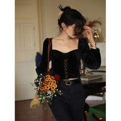 Aiertu Vintage Cropped Velvet Shirts Women Black Square Collar Bandage Blouses Office Ladies Elegant Long Sleeve Slim Tops New Aiertu