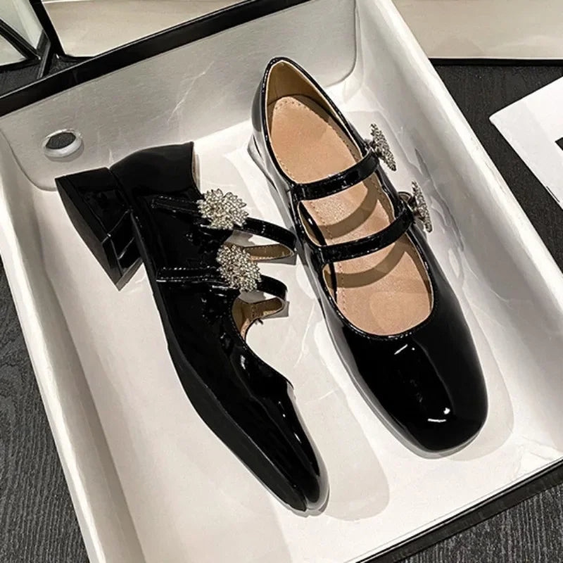 Aiertu  -  Chunky Heels Women Mary Jane Shoes Bling Rhinstones Elegant Patent Leather Party Wedding Ladies Pumps Autumn Lolita Footwear Aiertu